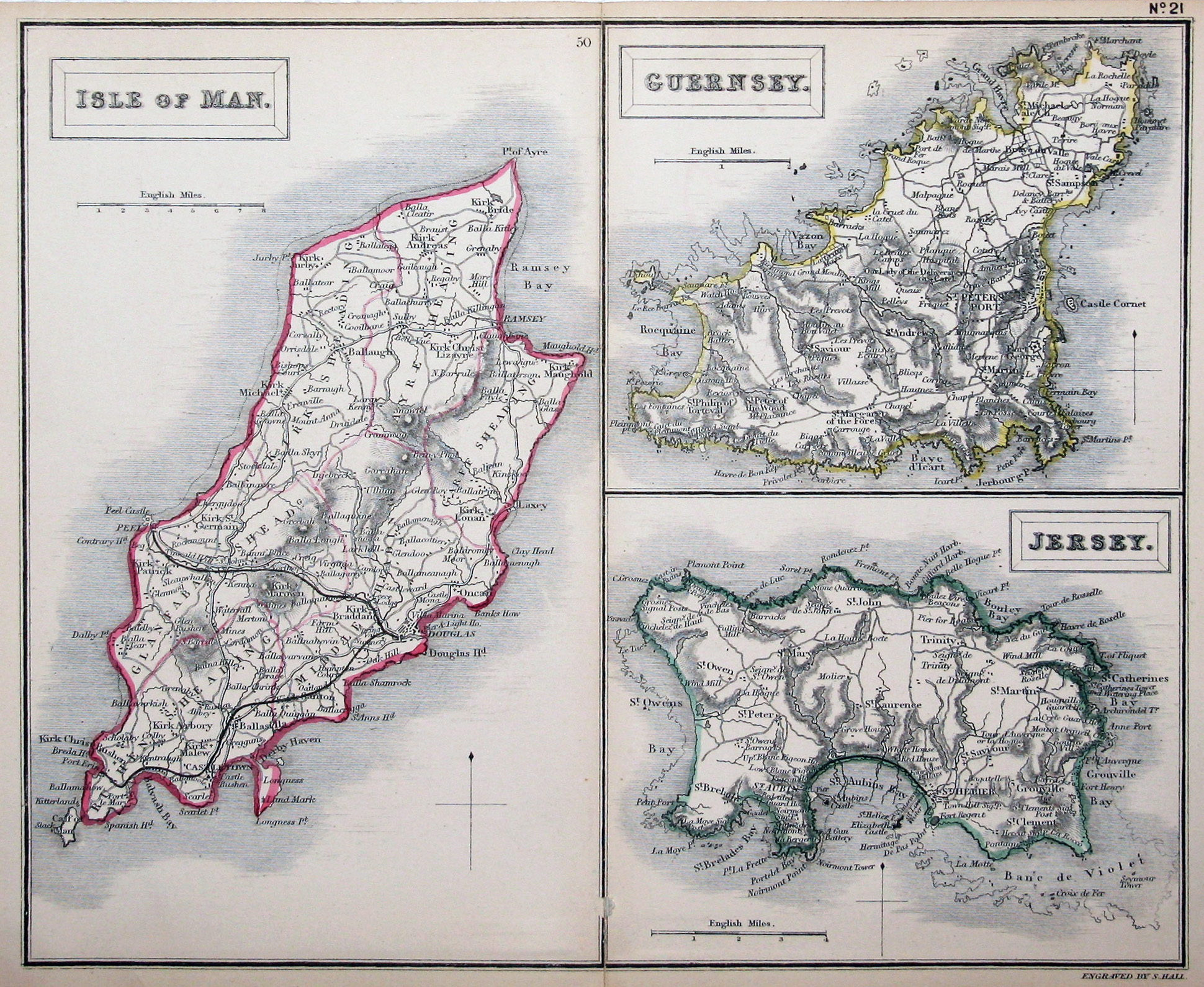 Large detailed old map of Isle of Man, Guernsey and Jersey ...