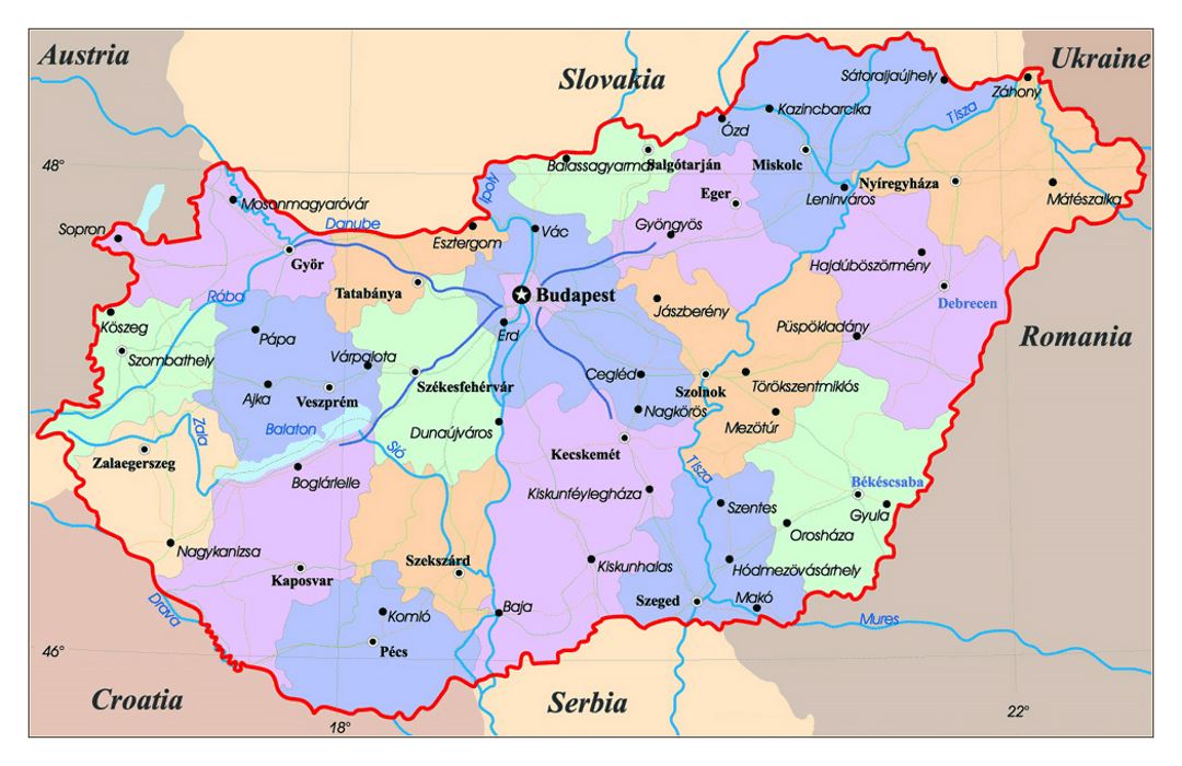 Administrative map of Hungary with major cities