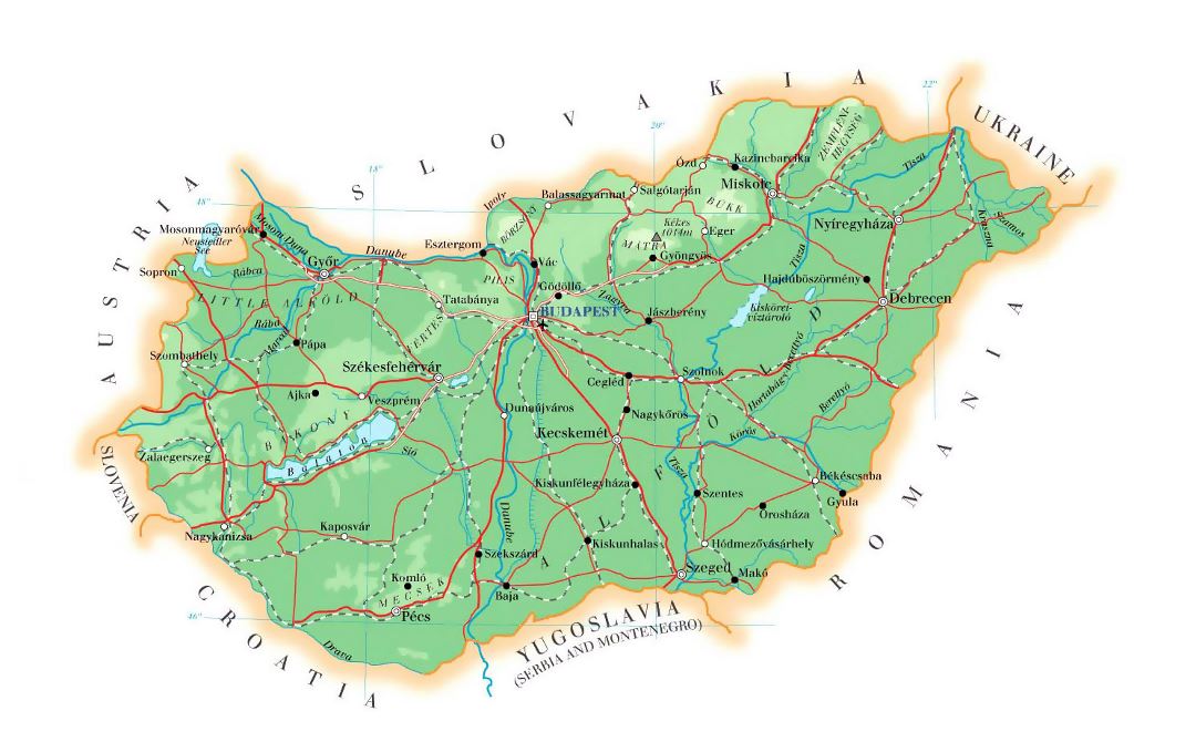 Detailed elevation map of Hungary with roads, cities and airports