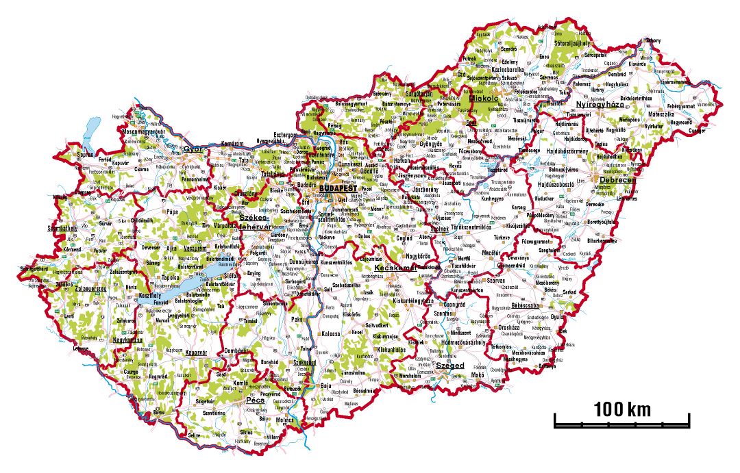 Large administrative map of Hungary with roads and cities