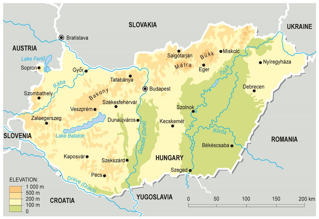 Large detailed elevation map of Hungary