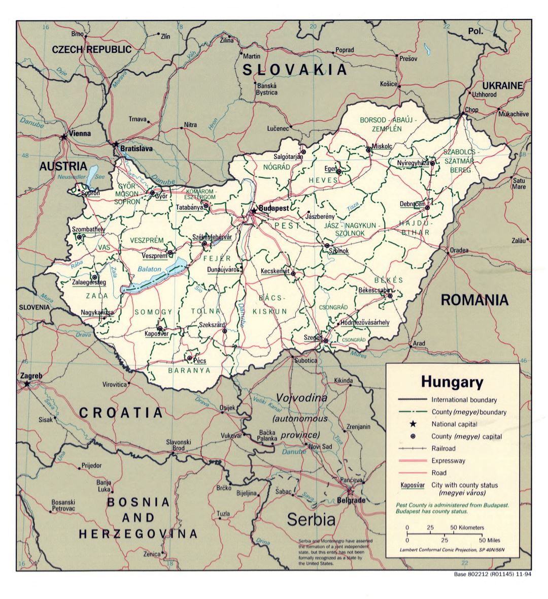 Large detailed political and administrative map of Hungary with roads and major cities - 1994