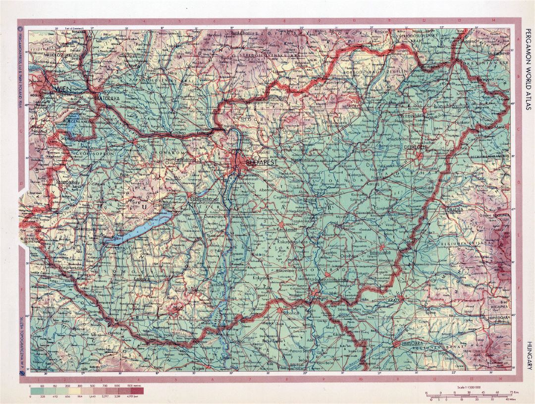 Large old physical map of Hungary