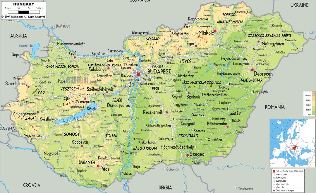 Large physical map of Hungary with roads, cities and airports