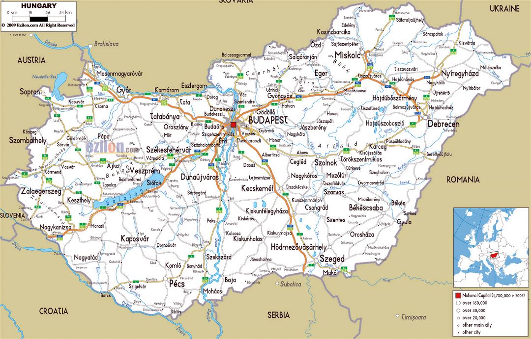 Large road map of Hungary with cities and airports