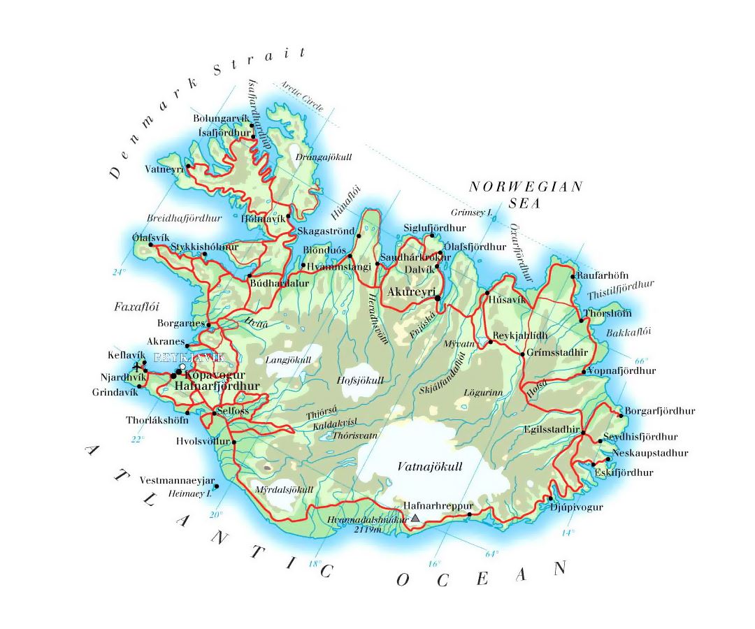 Detailed elevation map of Iceland with roads, cities and airports