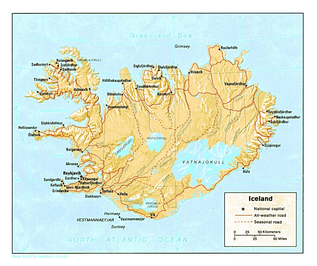 Detailed political map of Iceland with relief, roads and cities - 1981