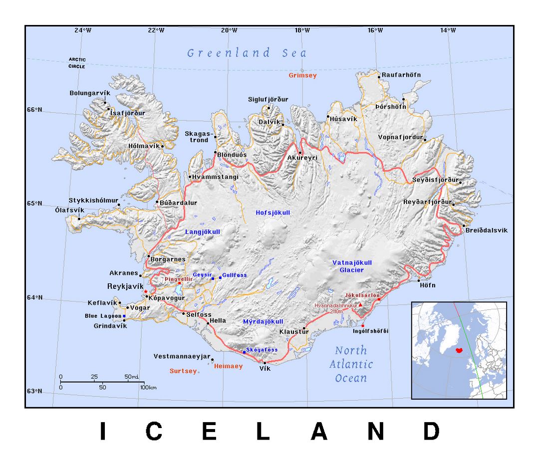 Detailed political map of Iceland with relief