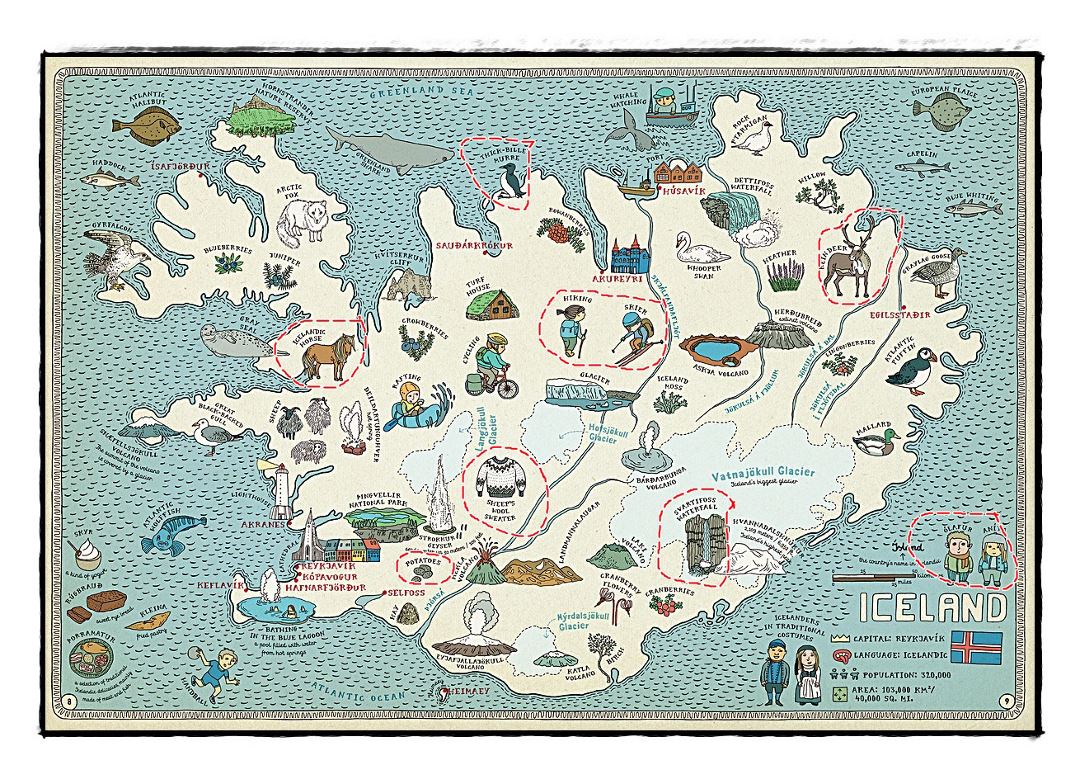 Detailed tourist illustrated map of Iceland