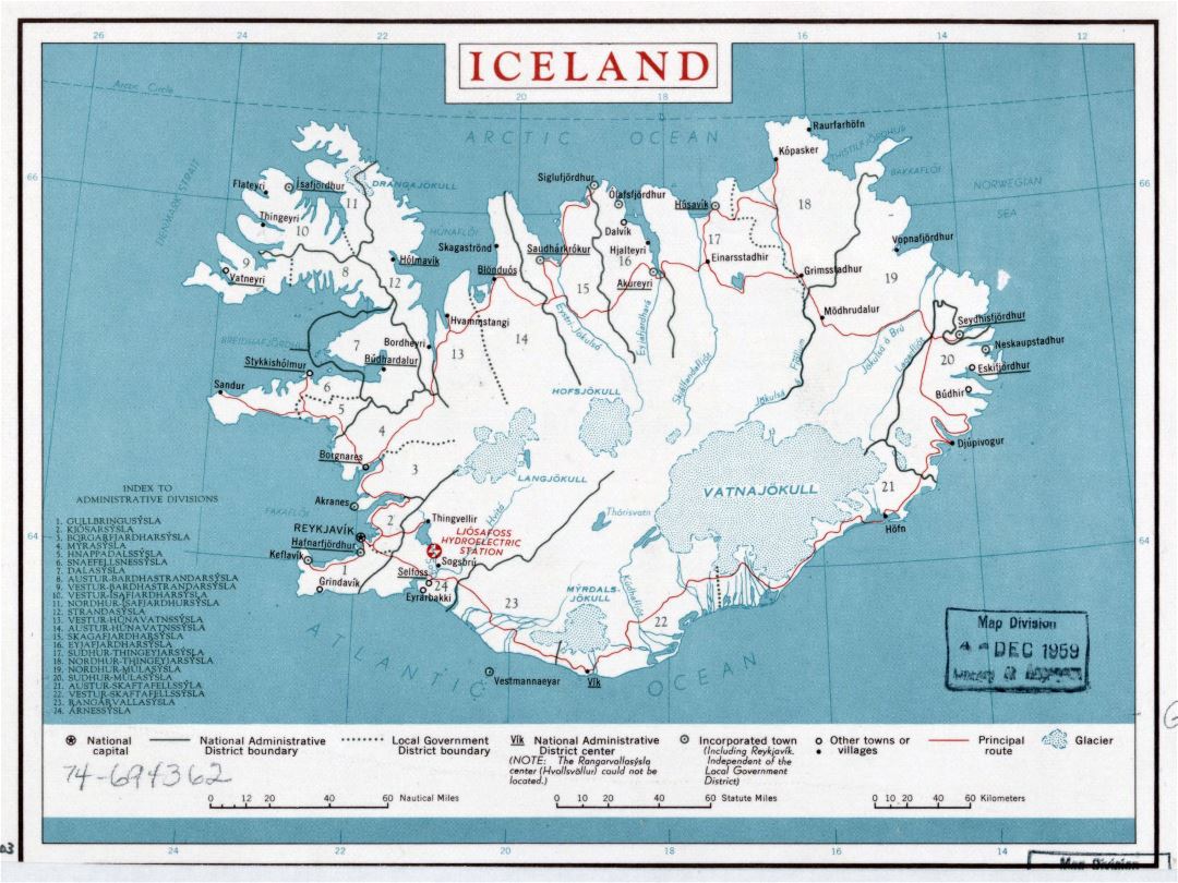 Large detailed administrative divisions map of Iceland with roads and cities - 1959