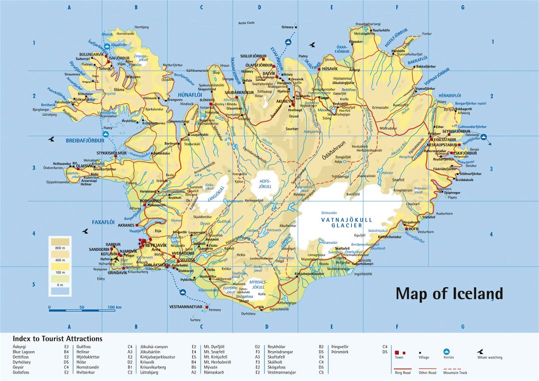Large detailed physical map of Iceland with roads, cities and tourist attractions