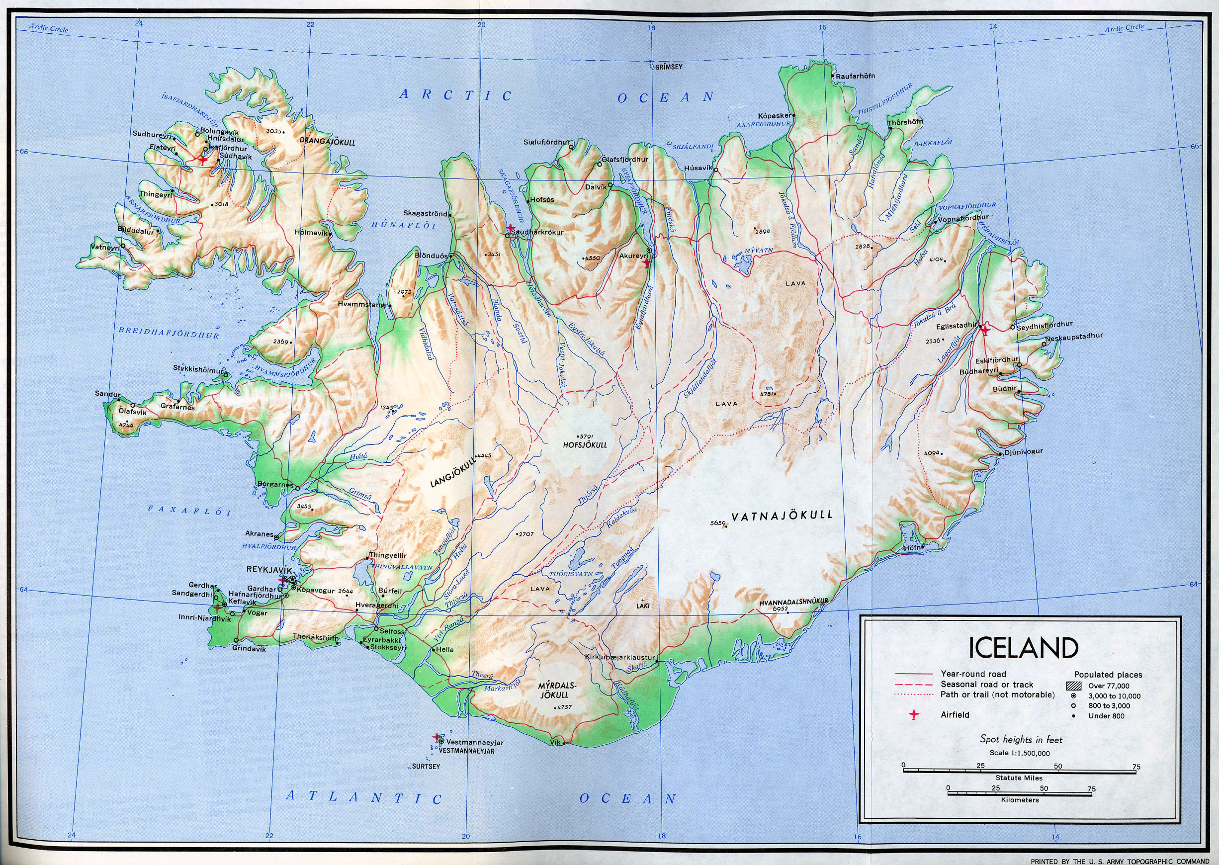 Large detailed political map of Iceland with relief, roads, cities and