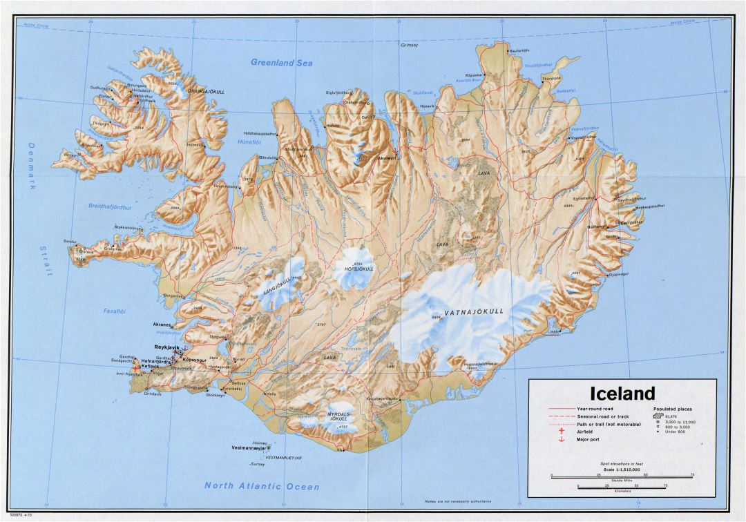 Large detailed political map of Iceland with relief, roads, cities, seaports and airports - 1973