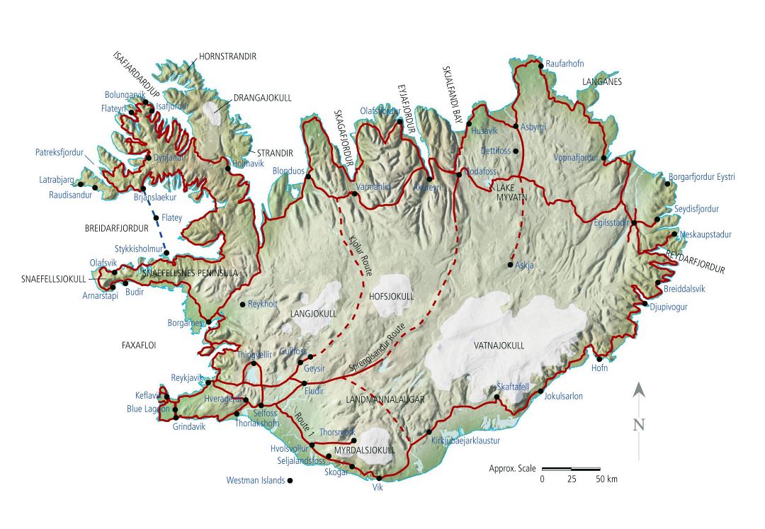 Large detailed road map of Iceland with relief and cities