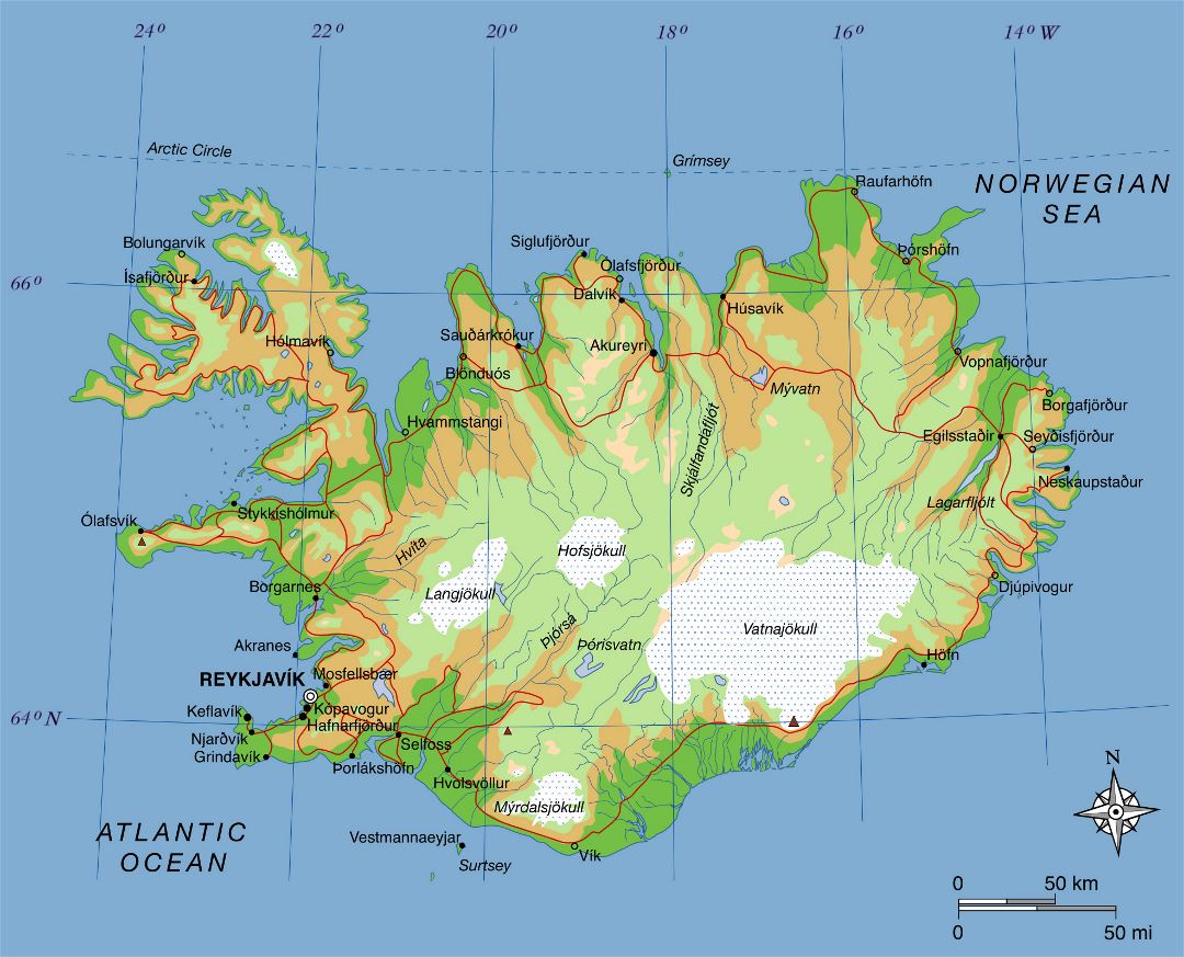 Large elevation map of Iceland with roads