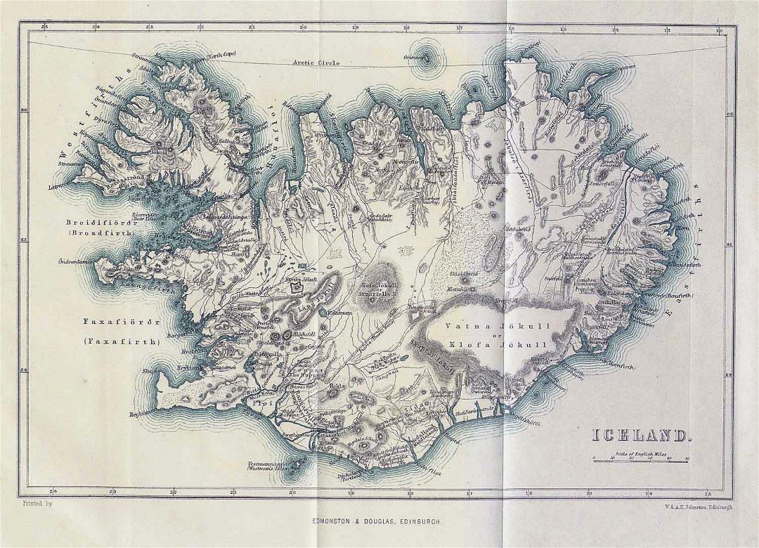 Large old map of Iceland with relief