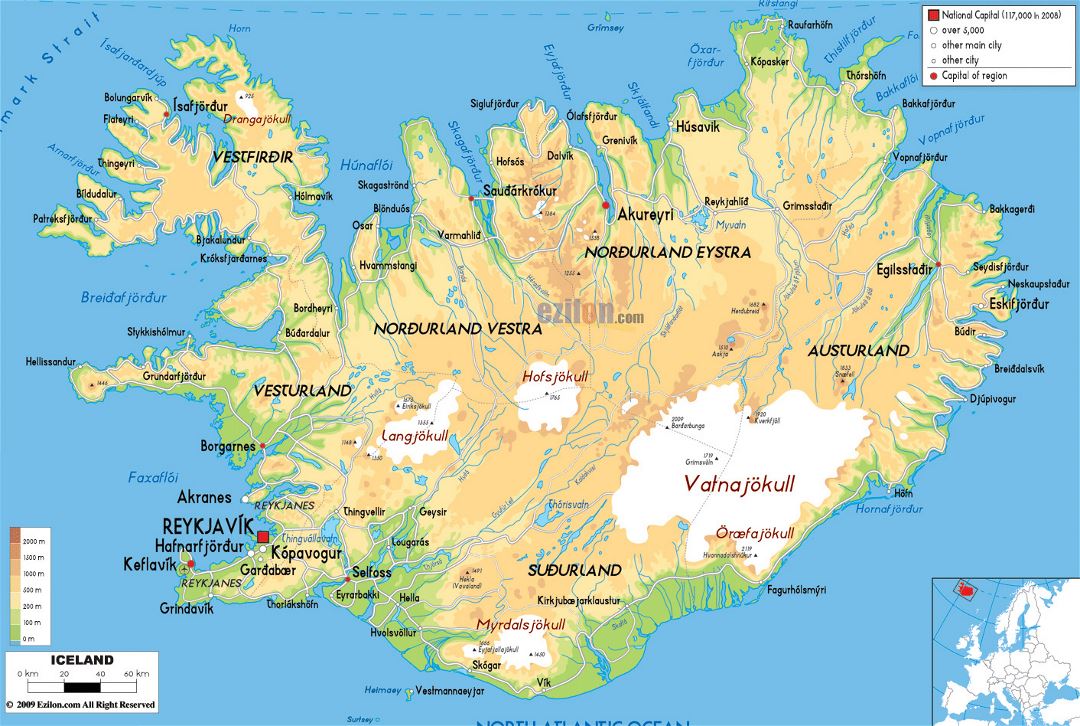 Large physical map of Iceland with roads, cities and airports