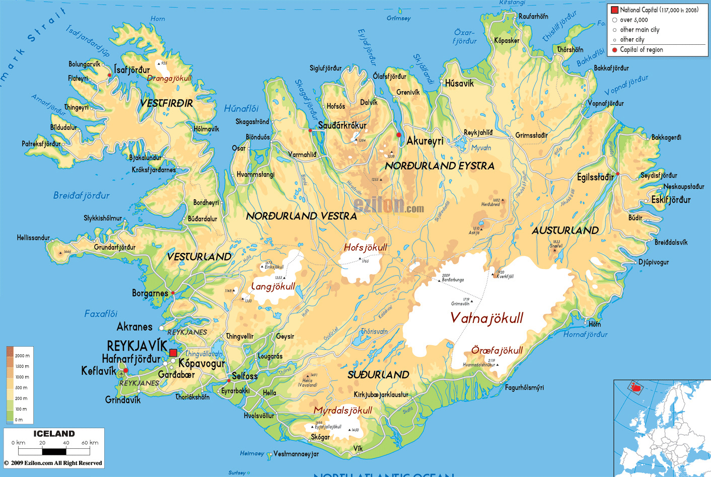 Large physical map of Portugal with roads, cities and airports, Portugal, Europe, Mapsland