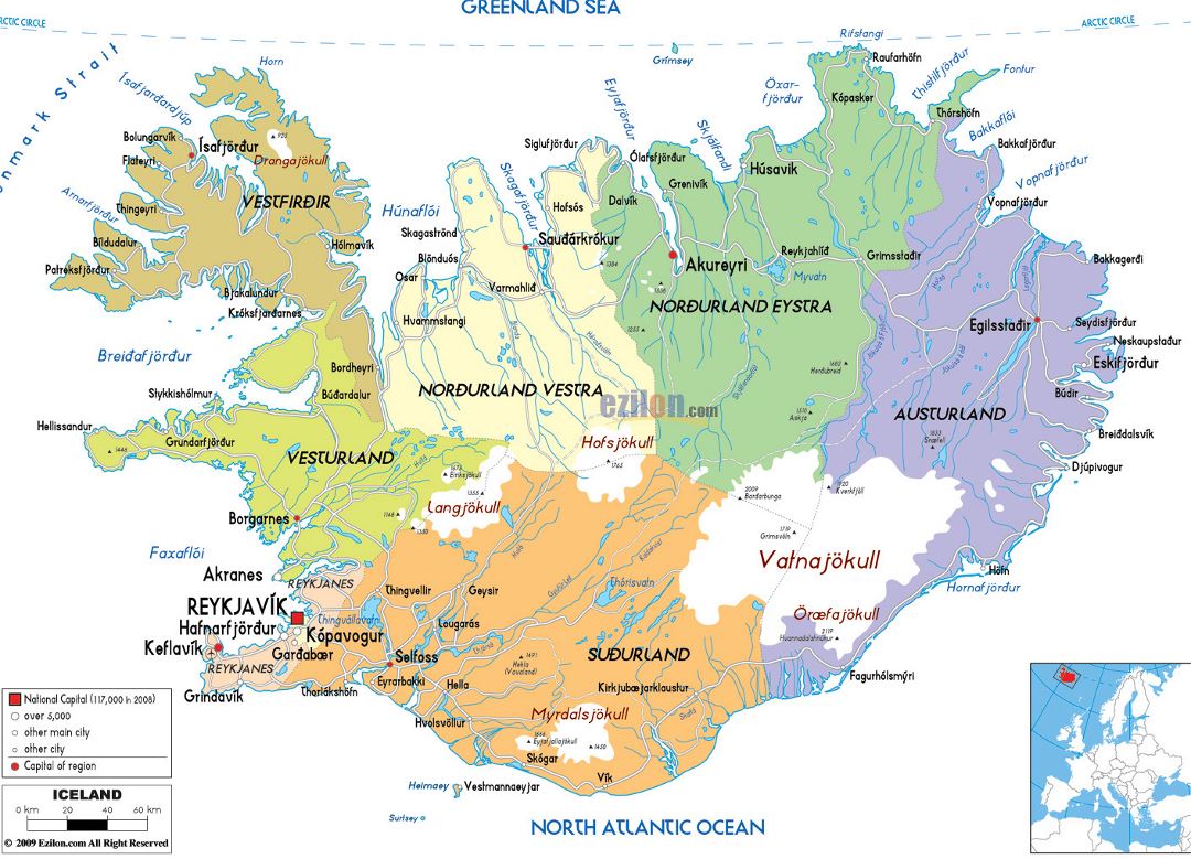 Large political and administrative map of Iceland with roads, cities and airports