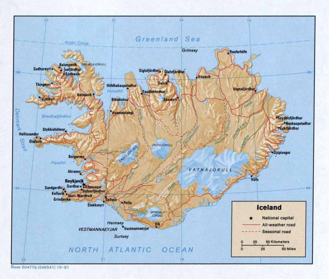 Large political map of Iceland with relief, roads and cities - 1981