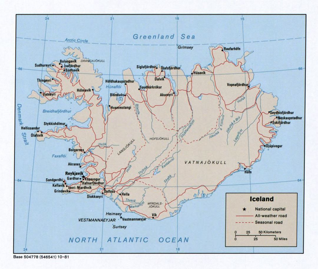 Large political map of Iceland with roads and cities - 1981