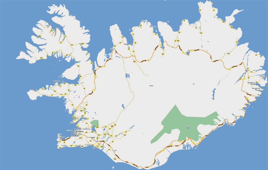 Large road map of Iceland with cities