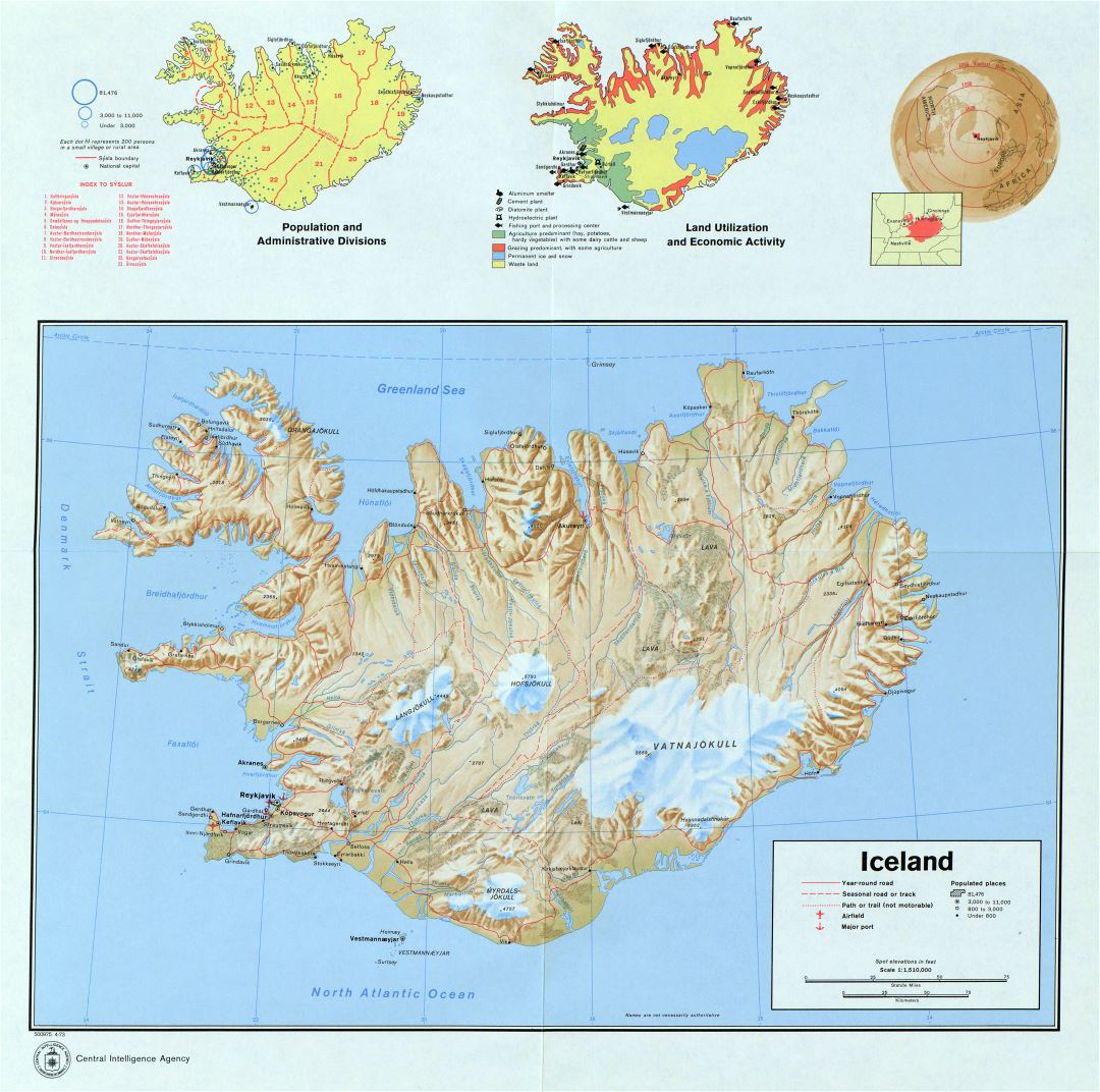 Large scale detailed country profile map of Iceland - 1973
