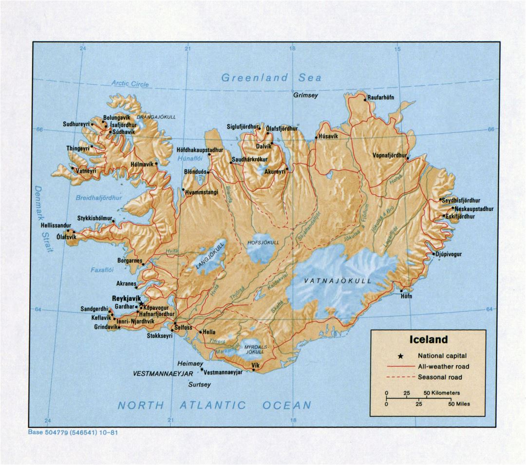 Large scale political map of Iceland with relief, roads and cities - 1981