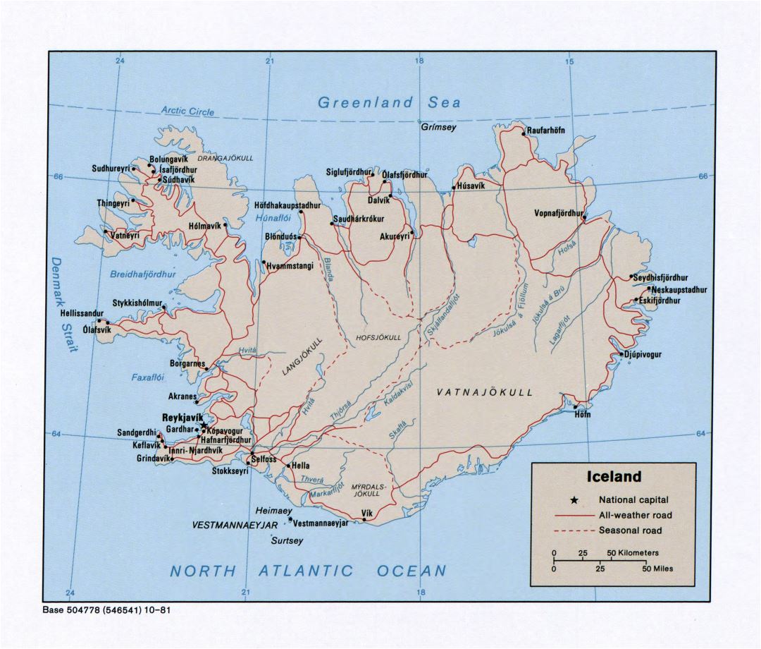 Large scale political map of Iceland with roads and cities - 1981