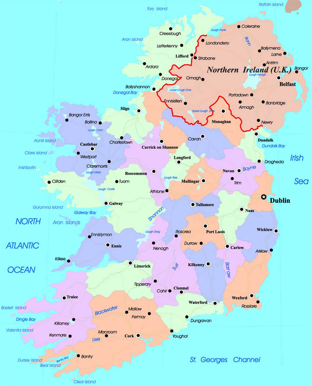 Detailed administrative map of Ireland with major cities