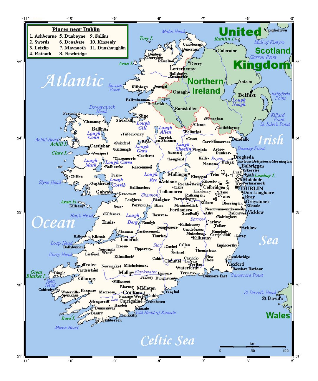 Detailed map of Ireland with cities