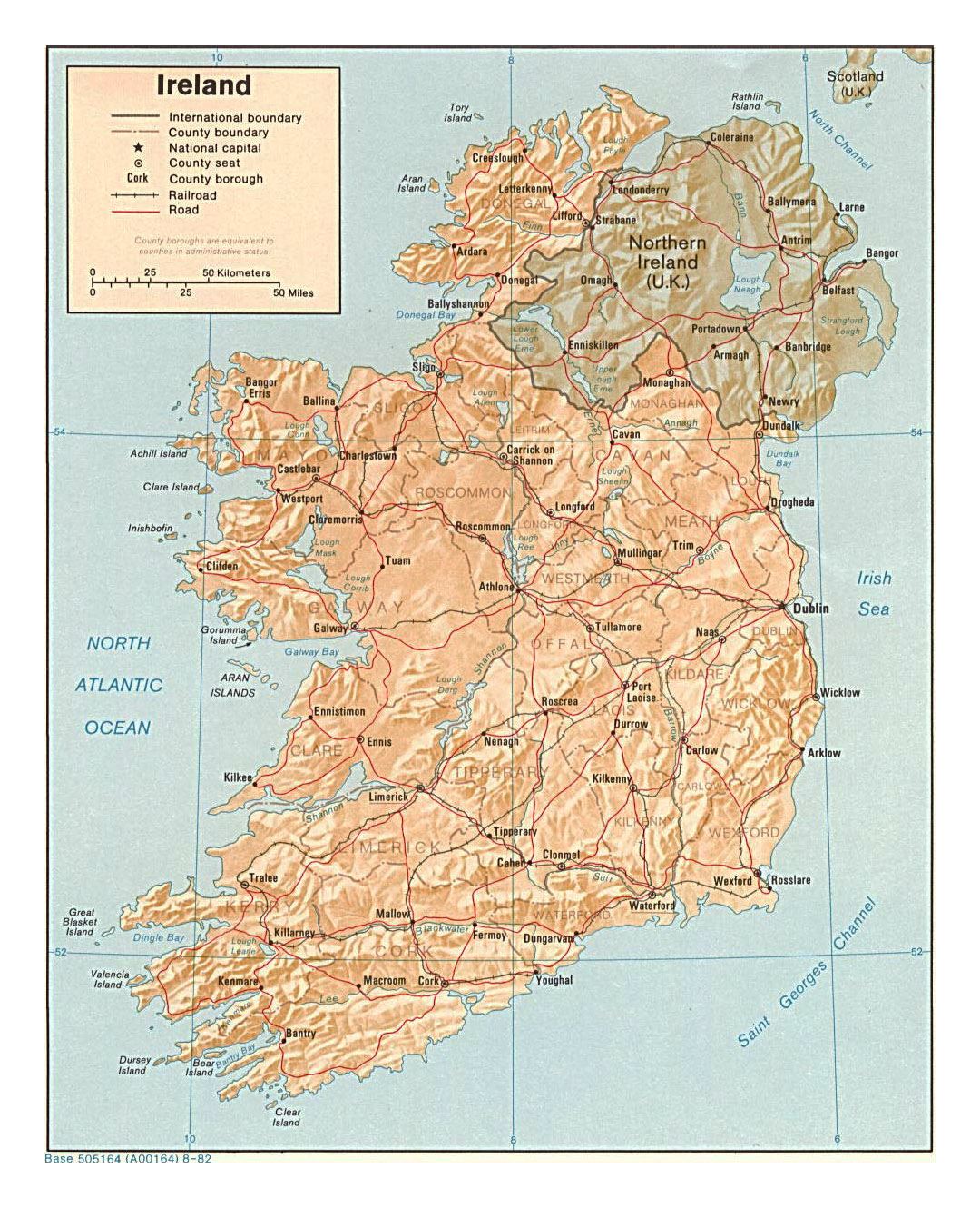 Detailed political and administrative map of Ireland with relief, roads and major cities - 1982