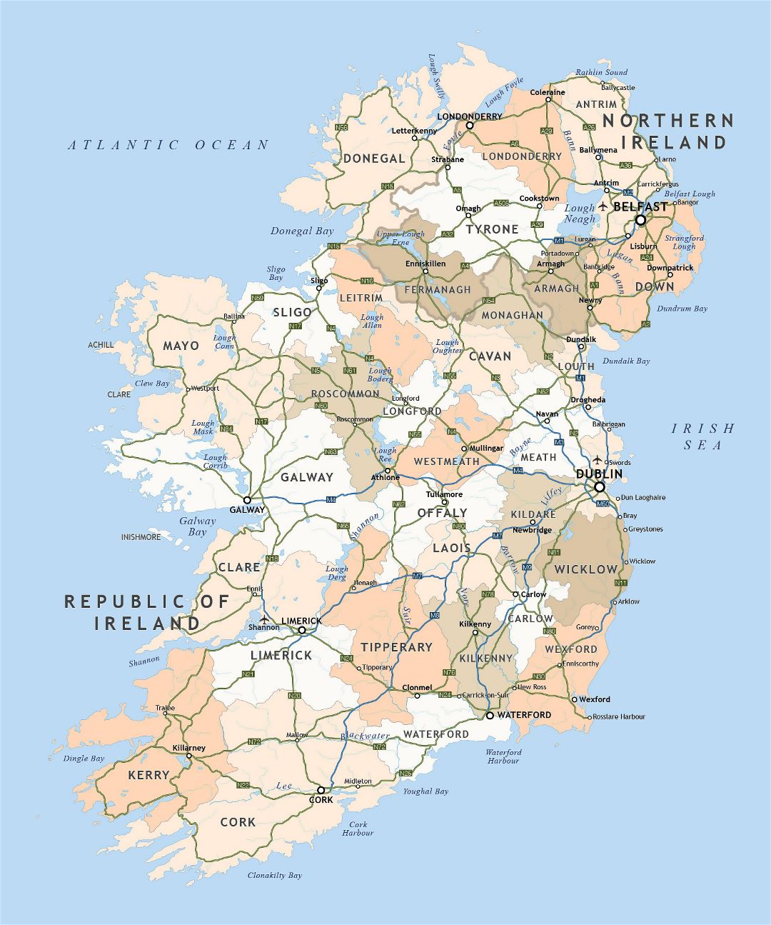 Large administrative map of Ireland with highways and major cities