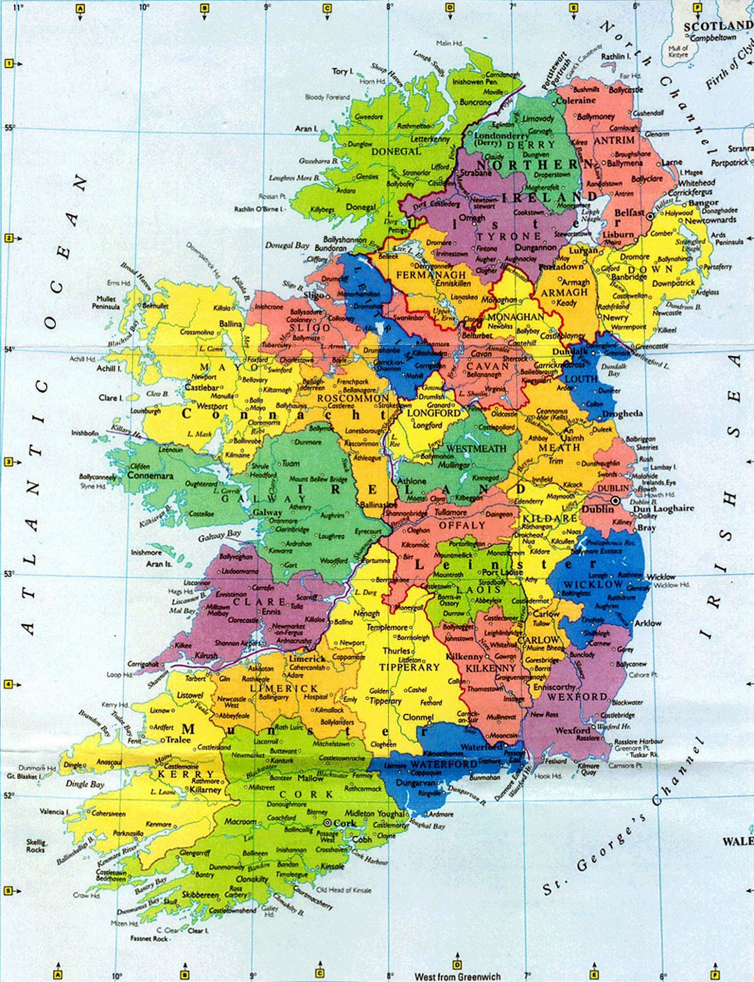 Large administrative map of Ireland with major cities