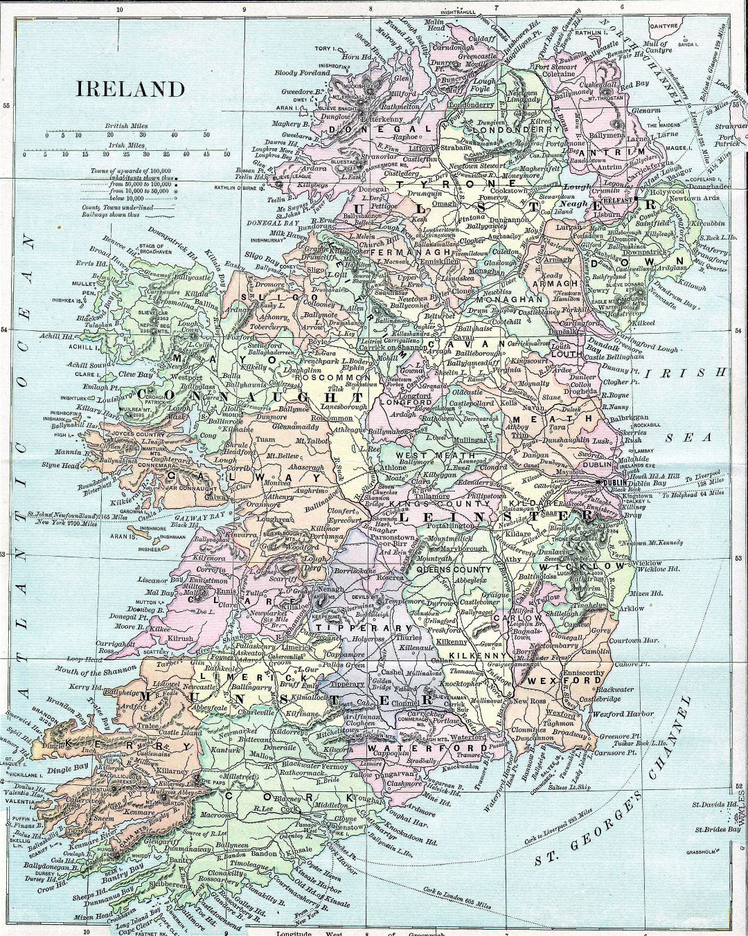Large detailed old map of Ireland