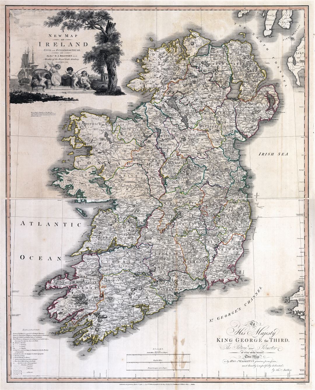 Large detailed old political and administrative map of Ireland with cities - 1797