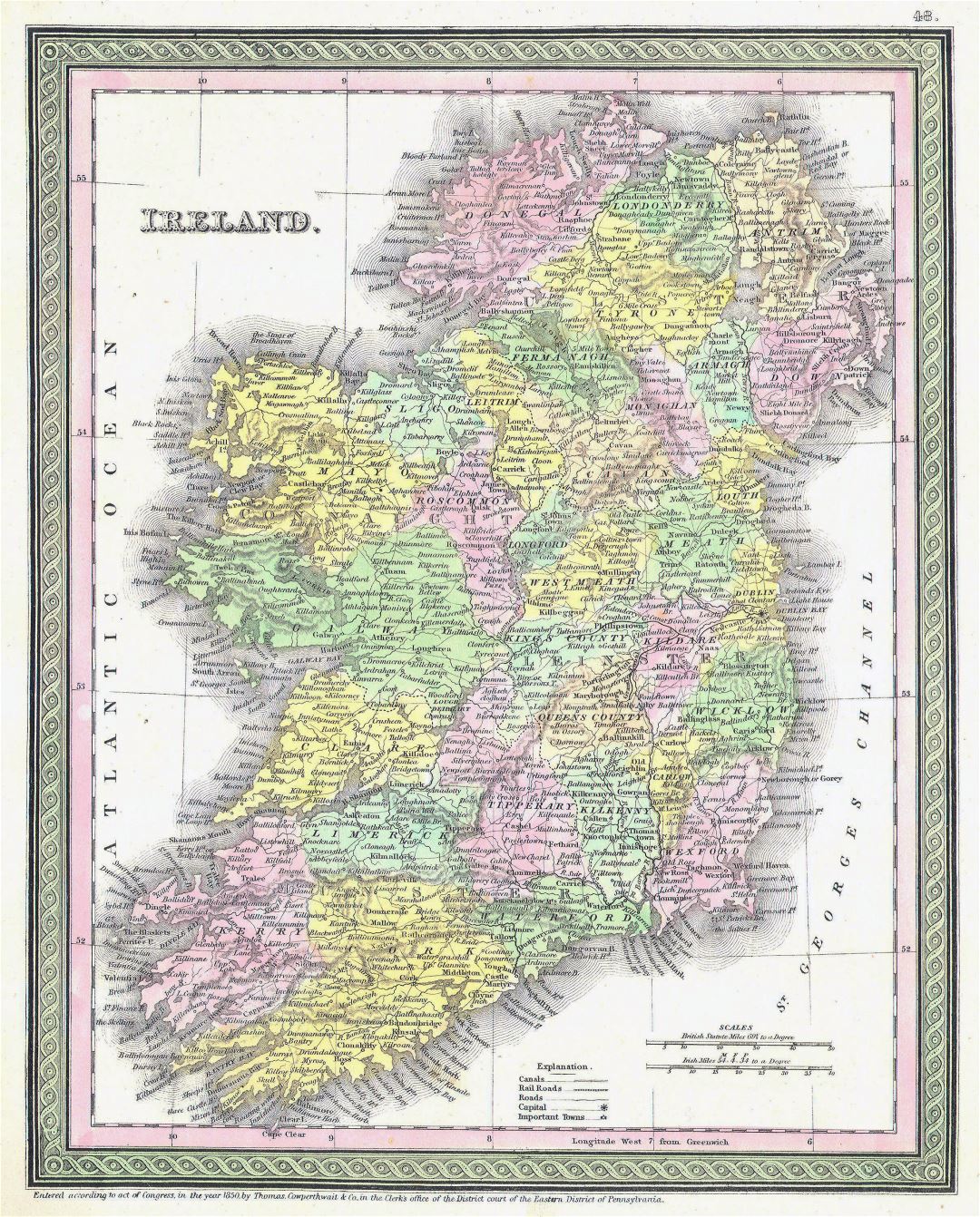 Large detailed old political and administrative map of Ireland with relief, roads, railroads and cities - 1850