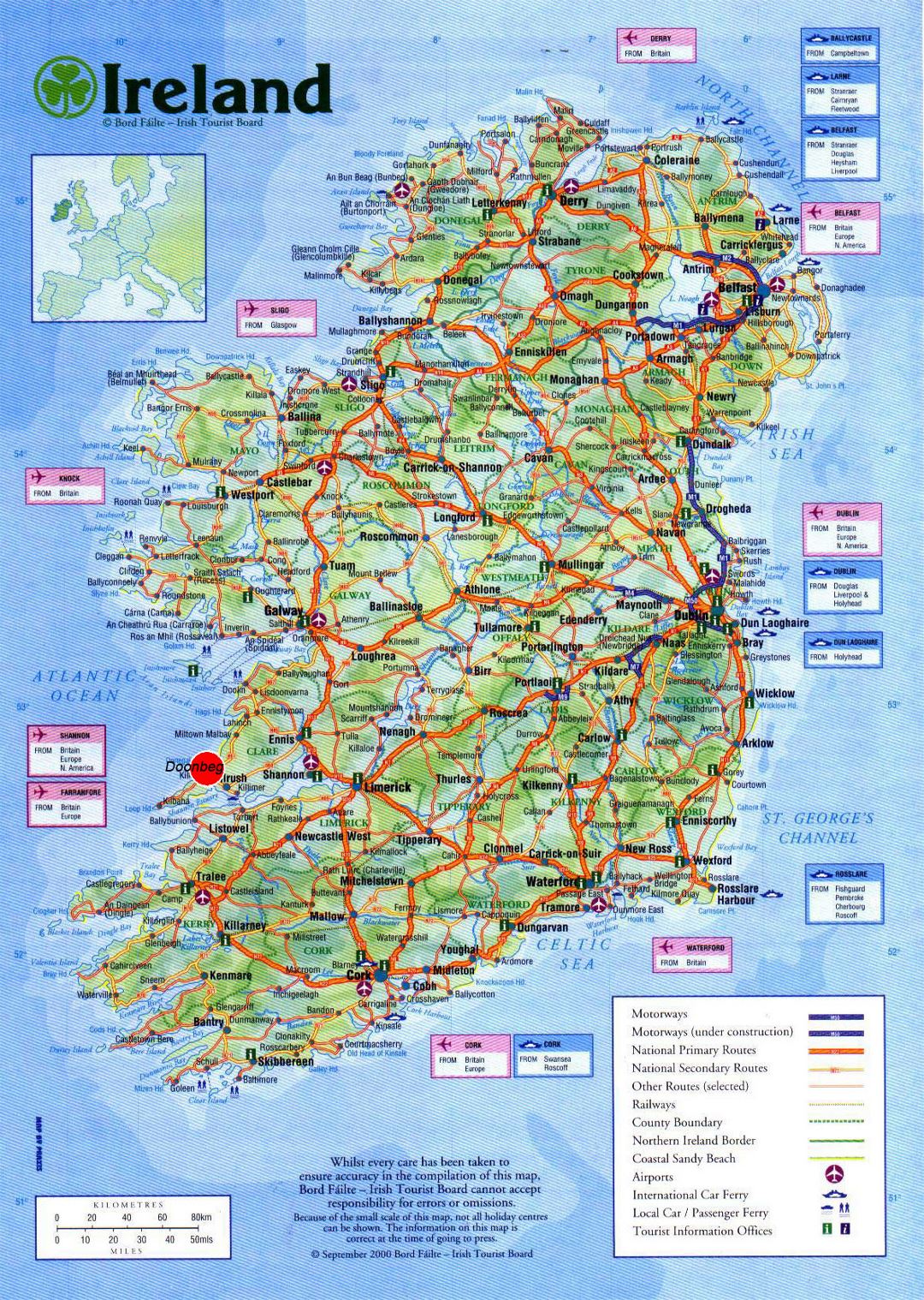Large detailed road map of Ireland with cities, airports and other marks