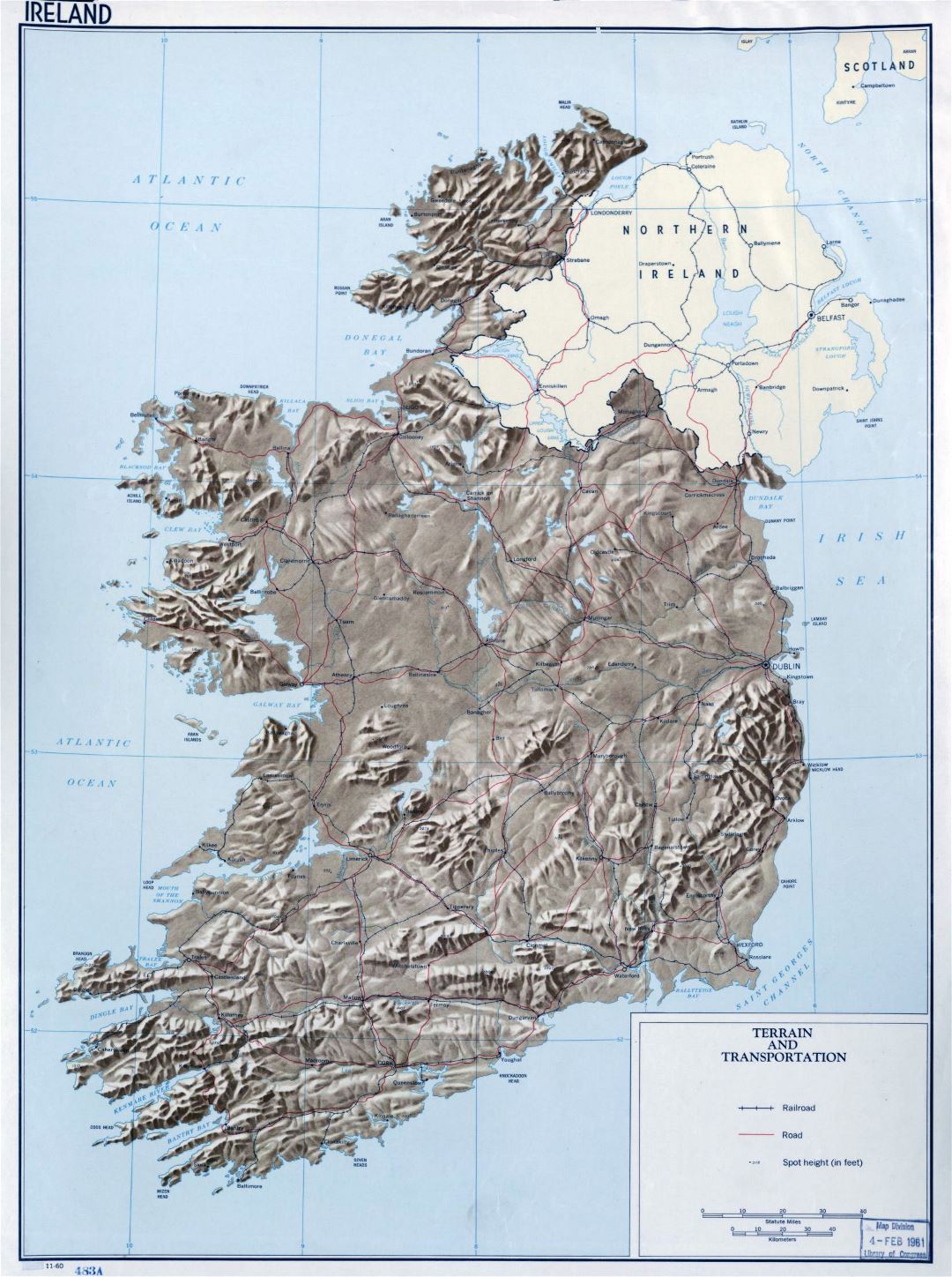 Large detailed terrain and transportation map of Ireland - 1960