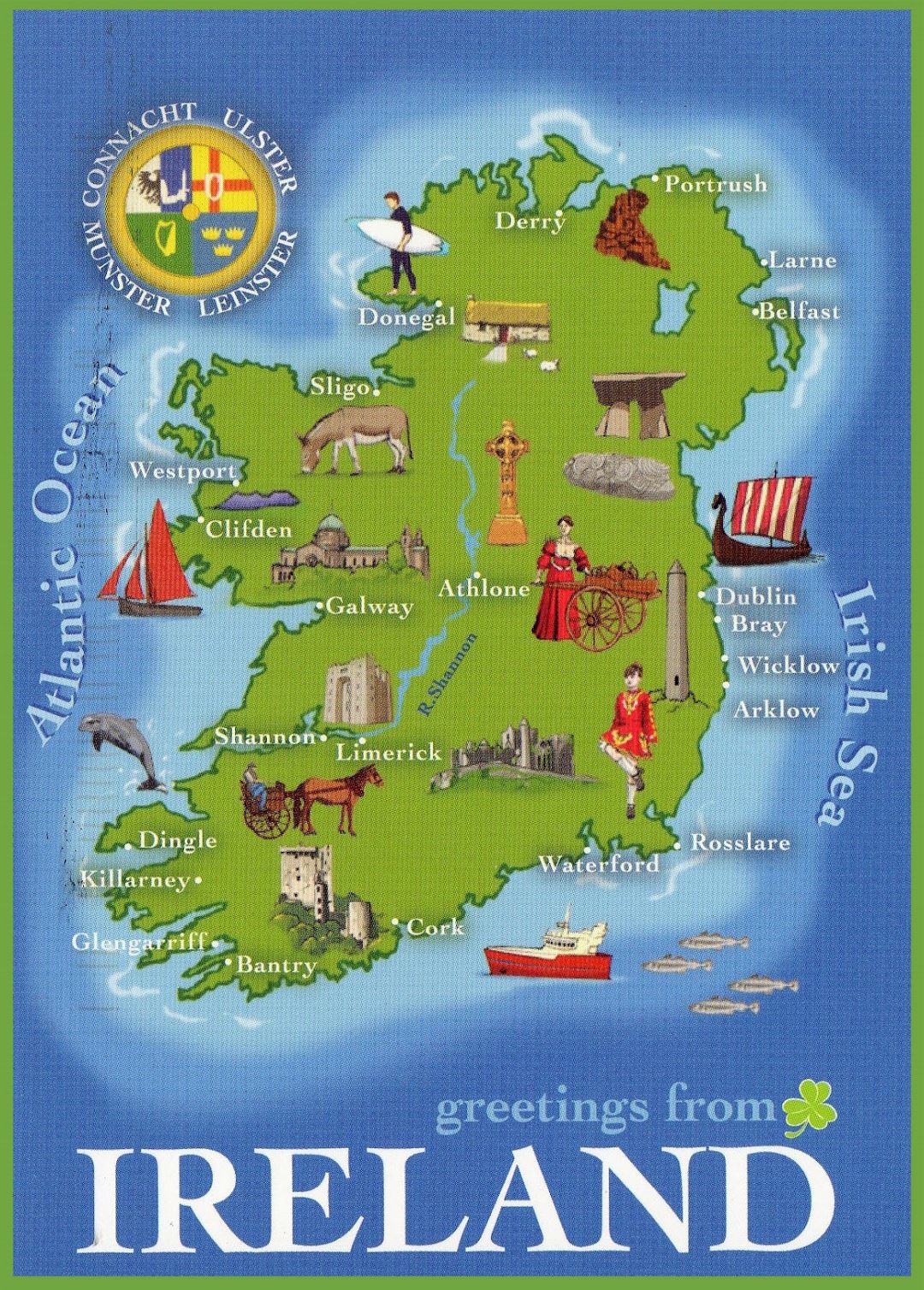 Large detailed tourist illustrated map of Ireland
