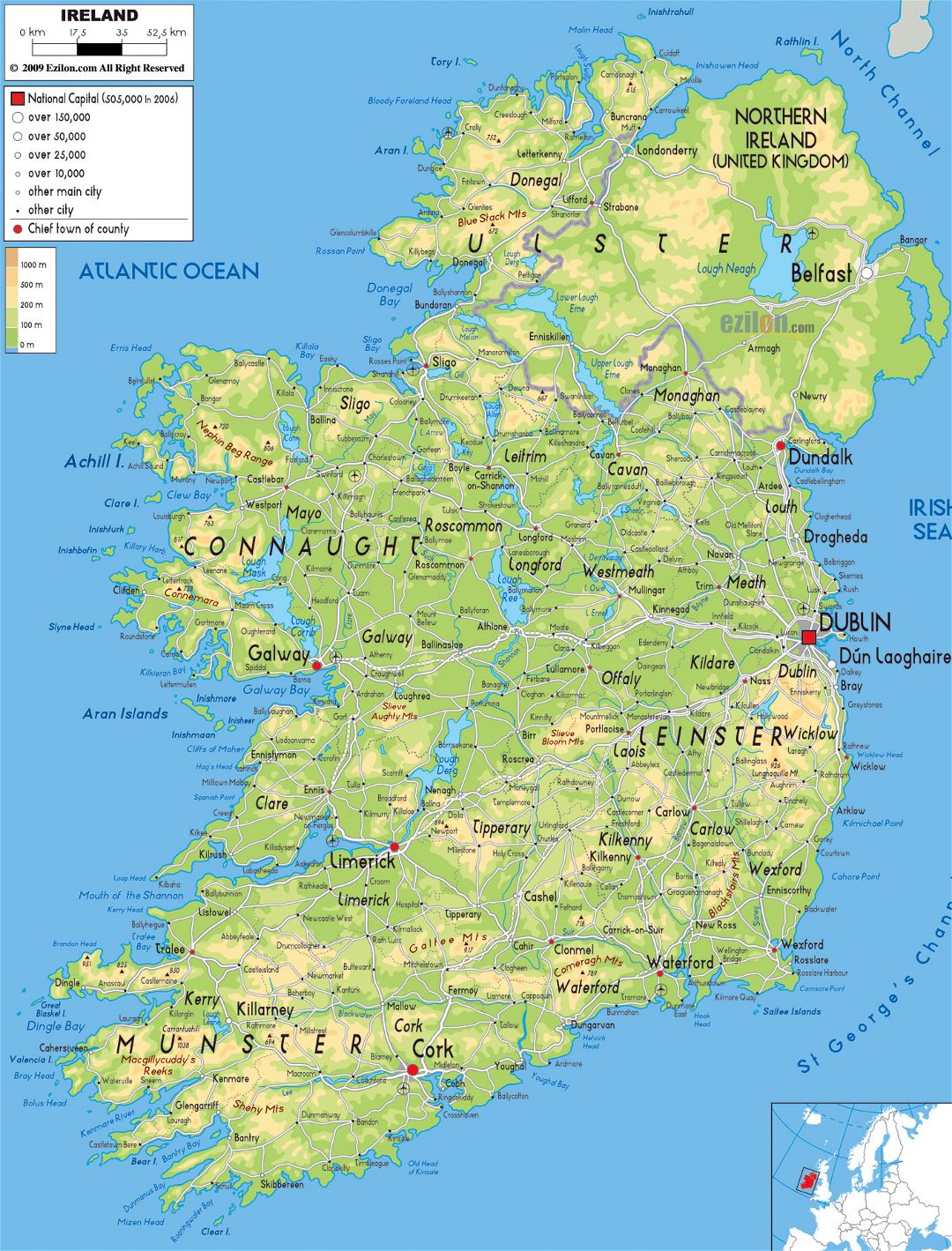 Large physical map of Ireland with roads, cities and airports