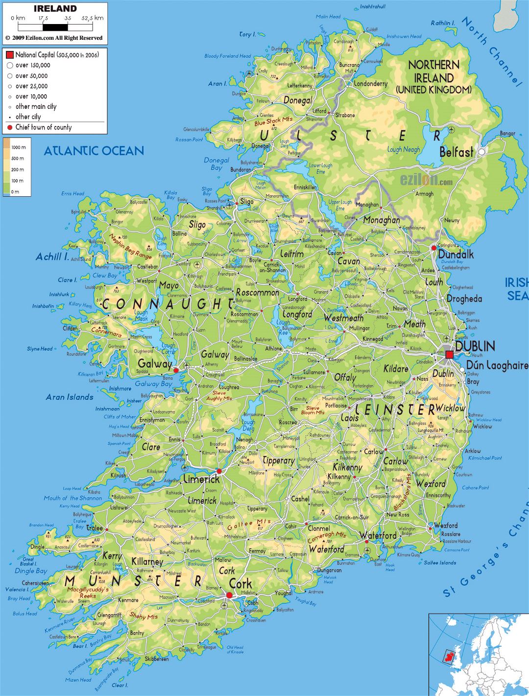 Large physical map of Ireland with roads, cities and airports
