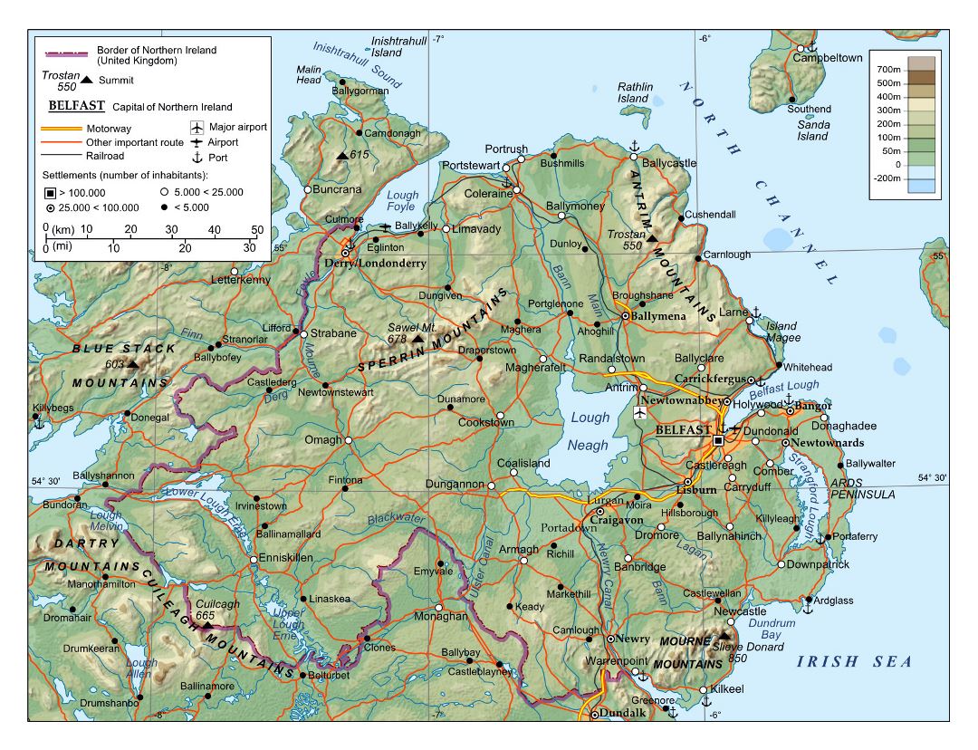 Large physical map of Northern Ireland