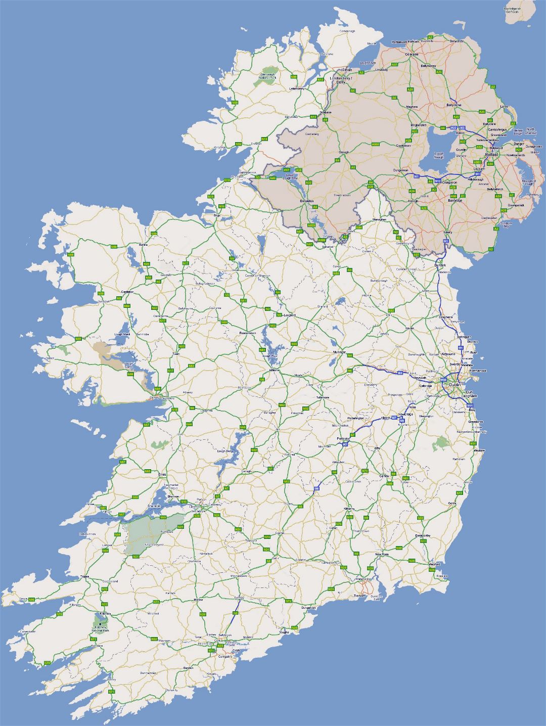 Large road map of Ireland with cities