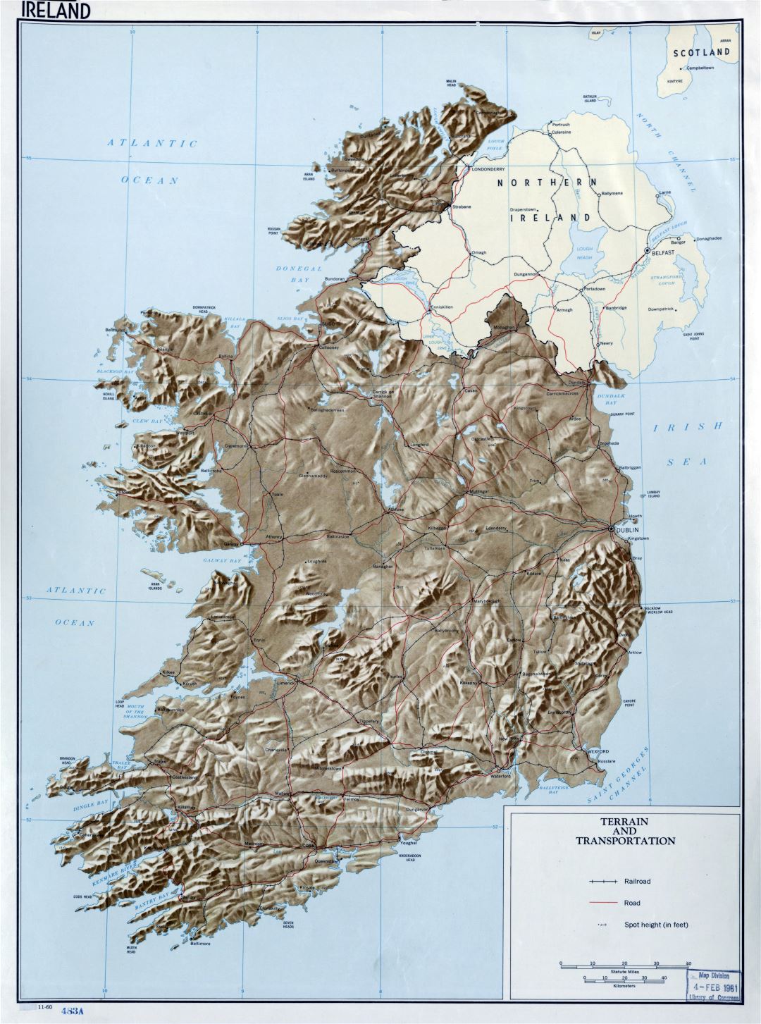 Large scale detailed terrain and transportation map of Ireland - 1960