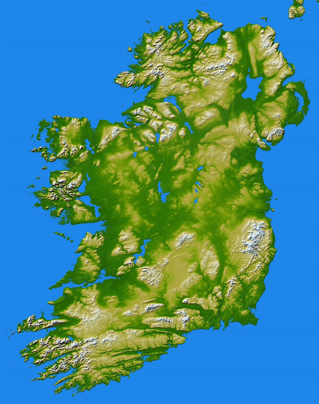 Large scale detailed topographical map of Ireland