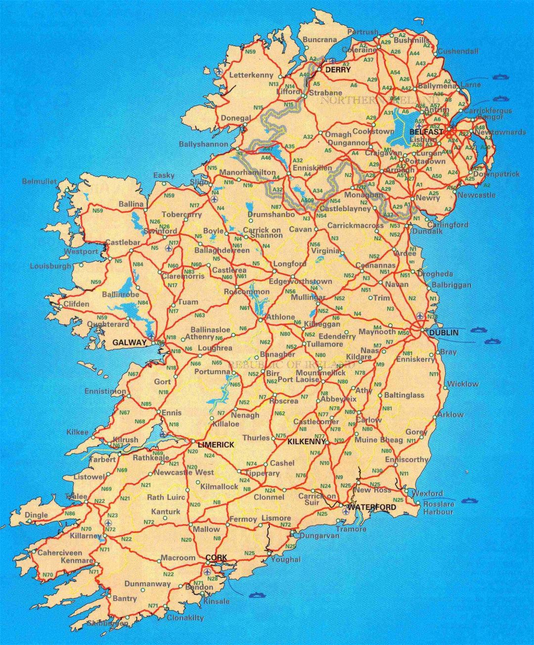 Large scale road map of Ireland