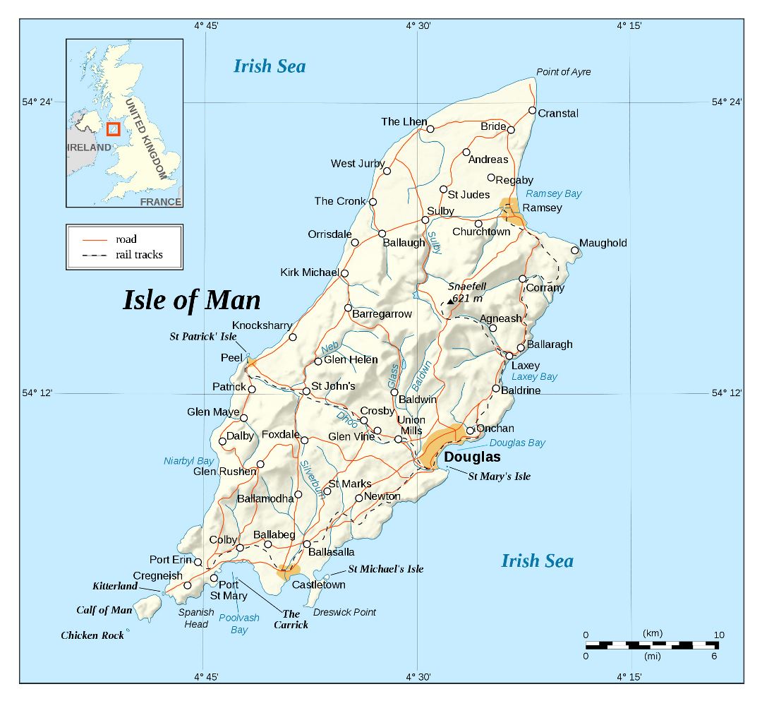 Large detailed map of Isle of Man with relief, roads and cities
