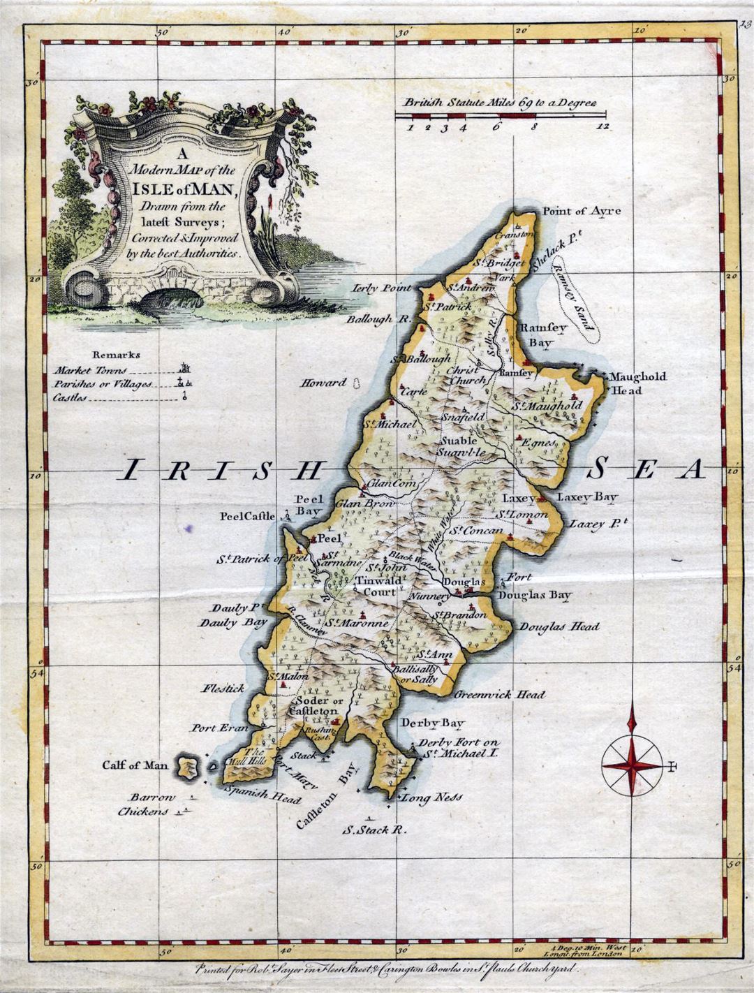 Large detailed old map of Isle of Man with relief and cities