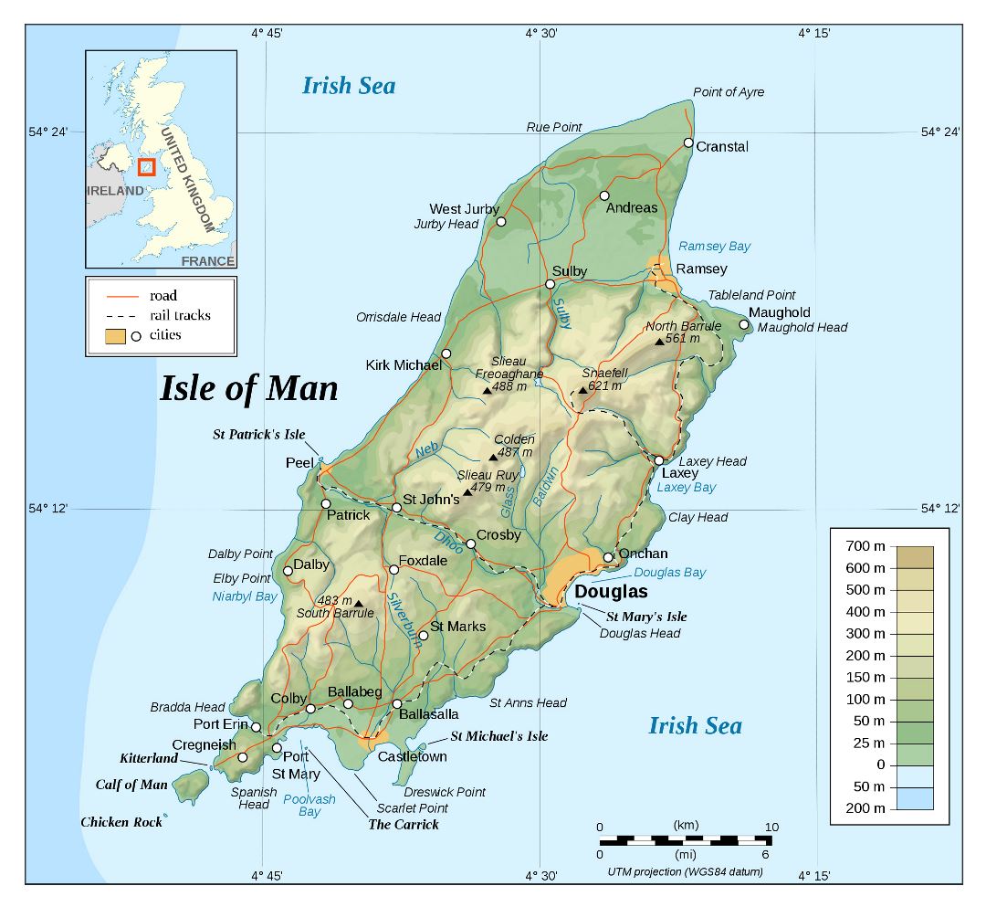 Large detailed physical map of Isle of Man with roads and cities